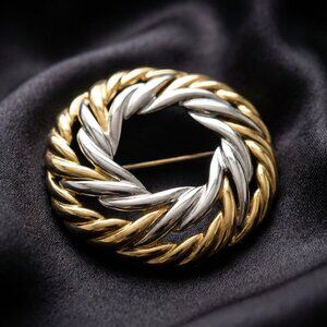 Vintage Style Gold & Silver Tone Twisted Rope Wreath Circle Brooch Pin